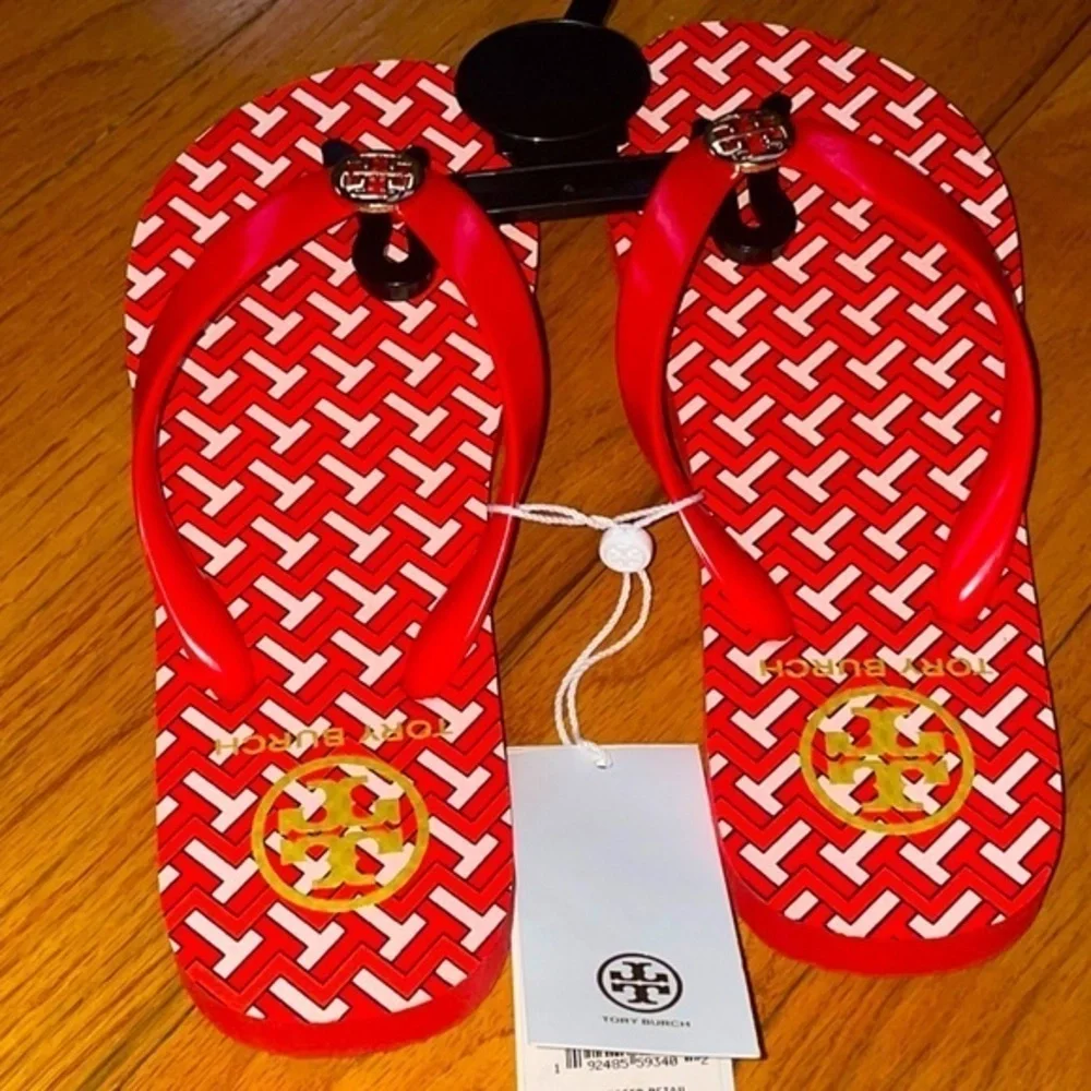 Tory Burch Classic T Zig Zag Chevron Preppy Herringbone Thong Flip Flop Sandals